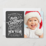 Whimsical Chalkboard Merry Christmas Photo Cards<br><div class="desc">Matching Postage: Rustic pub chalkboard style black background with elegant art deco frame, and retro subway art fancy word typography. Just add your favourite family photo or baby picture and customise the names and year. Click Customise button to change the font size or style to look like handwritten calligraphy signature....</div>