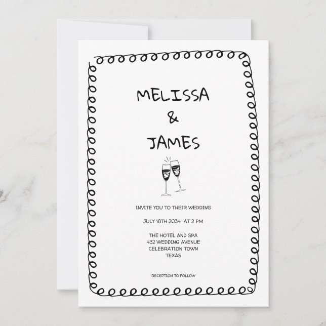 Whimsical Champagne Doodle Hand Drawn Wedding Invitation (Front)