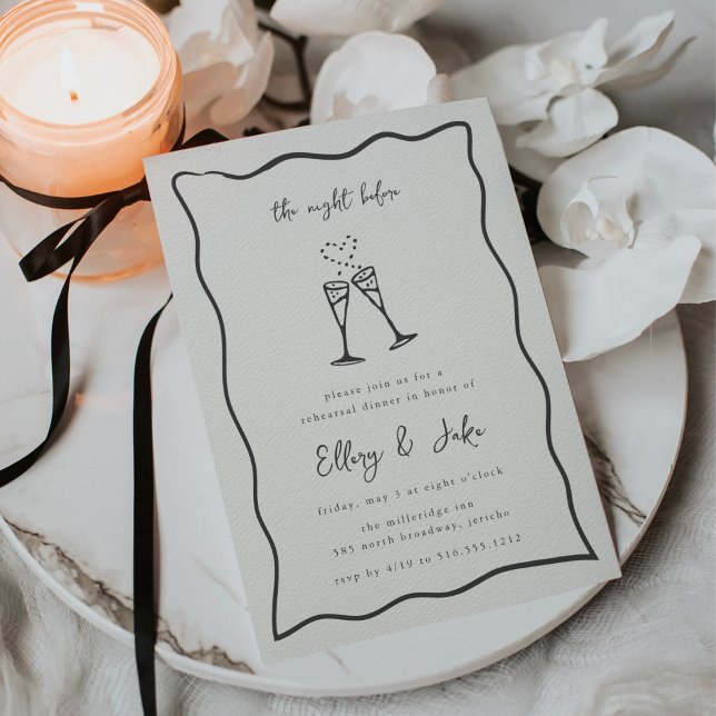 Whimsical Champagne Doodle Rehearsal Dinner Invitation (Whimsical rehearsal dinner invitation with a hand drawn scallop border)