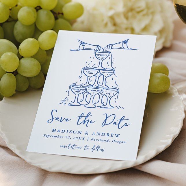 Whimsical Champagne Tower Blue Wedding Save The Date (Creator Uploaded)