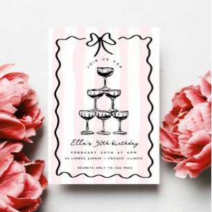 Whimsical Champagne Tower Bow Pink Stripe Birthday Invitation