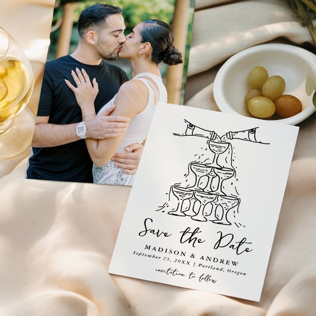 Whimsical Champagne Tower Cream Photo Wedding Save The Date (Creator Uploaded)