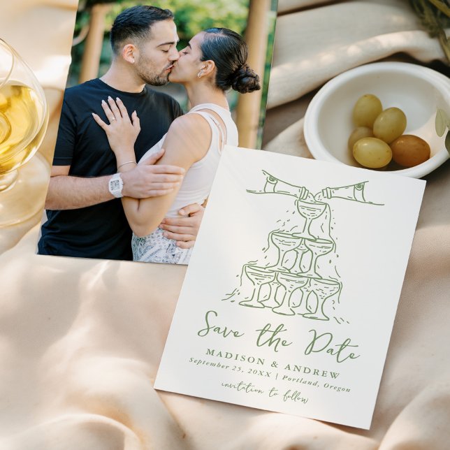 Whimsical Champagne Tower Green Photo Wedding Save The Date (Creator Uploaded)