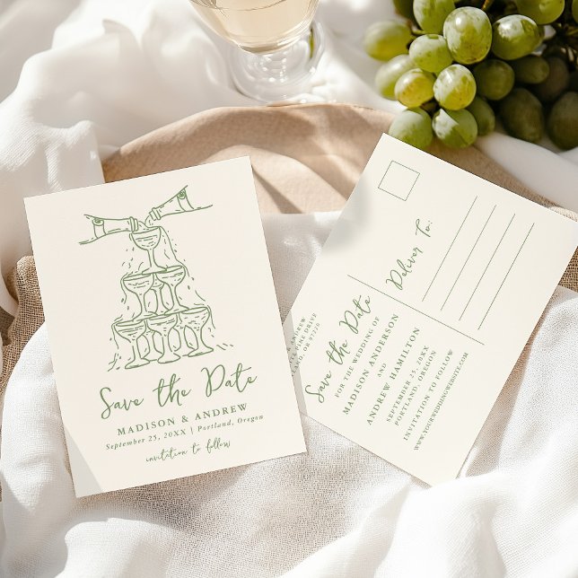 Whimsical Champagne Tower Green Save the Date Announcement Postcard (Creator Uploaded)