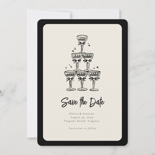 Whimsical Champagne Tower Handwritten Wedding Save Invitation (Front)