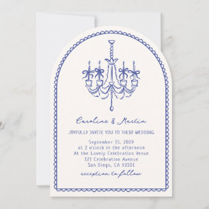 Whimsical chandelier,  arch blue hand drawn invitation