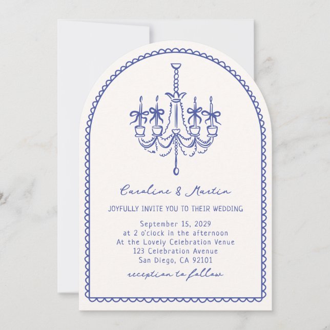 Whimsical chandelier,  arch blue hand drawn invitation (Front)