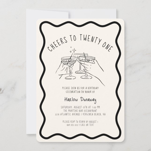 Whimsical Cheers to 21 Birthday Party  Invitation (Front)