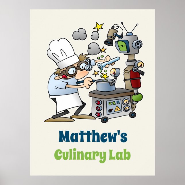 Whimsical Chef and Science Culinary Lab Cartoon Poster (Front)