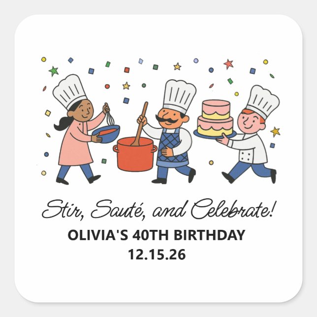 Whimsical Chef Cooking Class Birthday Party Square Sticker (Front)