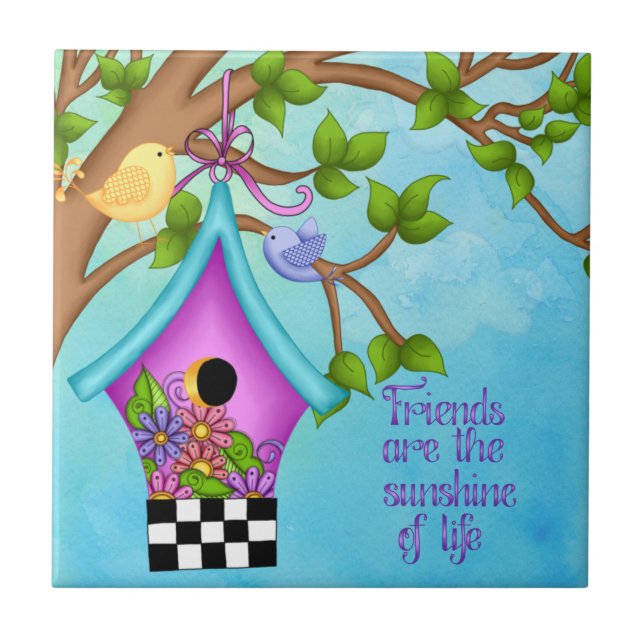 Whimsical Chequerboard Birdhouse Ceramic Tile (Front)