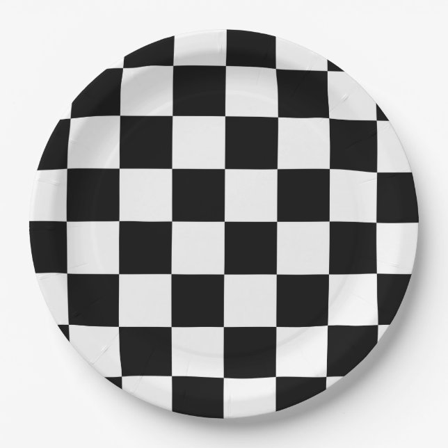 Whimsical chequered black and white chequerboard  paper plate (Front)