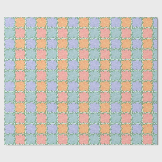 Whimsical Chequered Tile with Leafy Vines Wrapping Paper (Flat)
