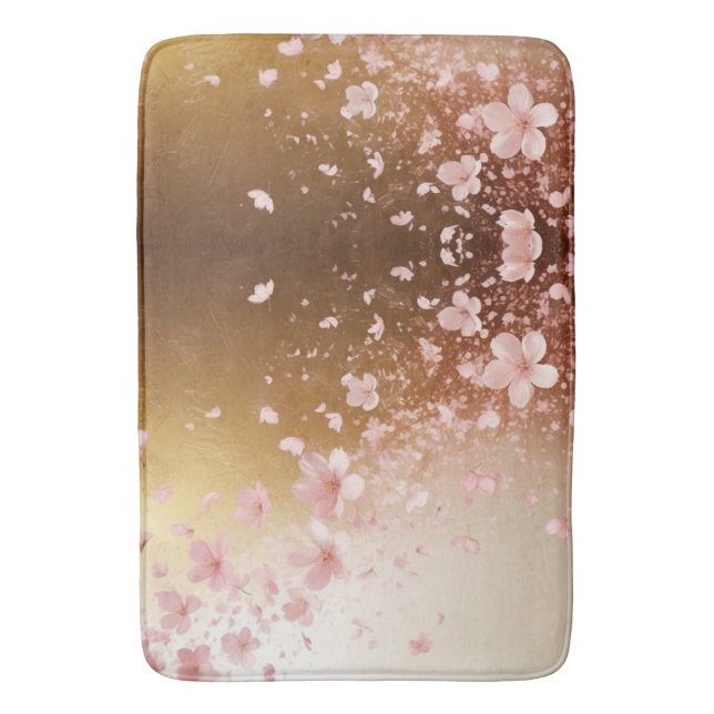Whimsical Cherry Blossom Blizzard on Golden Bath Mat (Front Vertical)