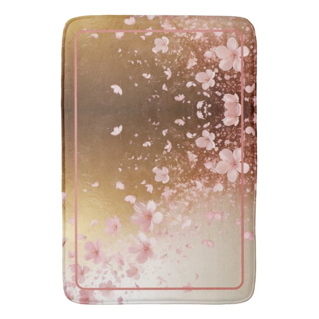 Whimsical Cherry Blossom Blizzard on Golden Bath Mat (Front Vertical)