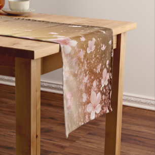 Whimsical Cherry Blossom Blizzard on Golden Short Table Runner