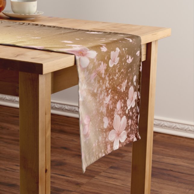 Whimsical Cherry Blossom Blizzard on Golden Short Table Runner (In Situ)