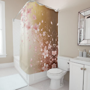 Whimsical Cherry Blossom Blizzard on Golden Shower Curtain