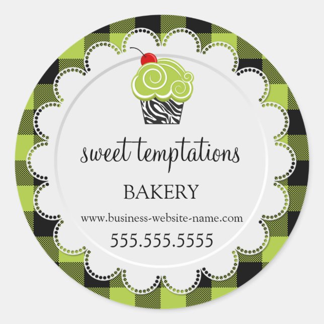 Whimsical Cherry Cupcake Buffalo Plaid Bakery Classic Round Sticker (Front)