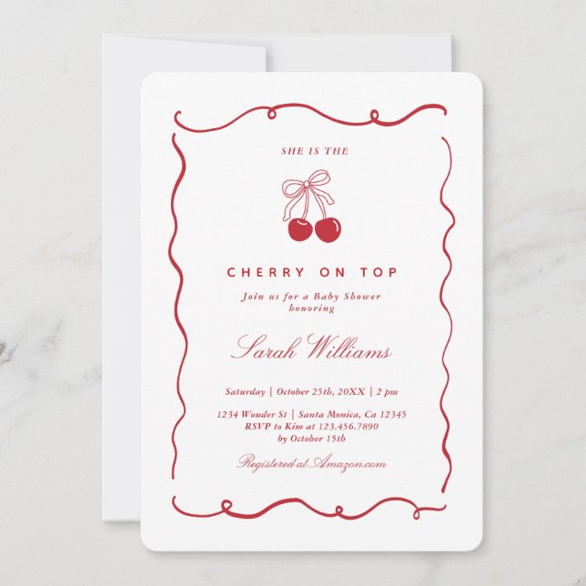 Whimsical Cherry on Top Baby Shower Girl Invitation (Front)