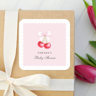 Whimsical Cherry On Top Girl Baby Shower Square Sticker