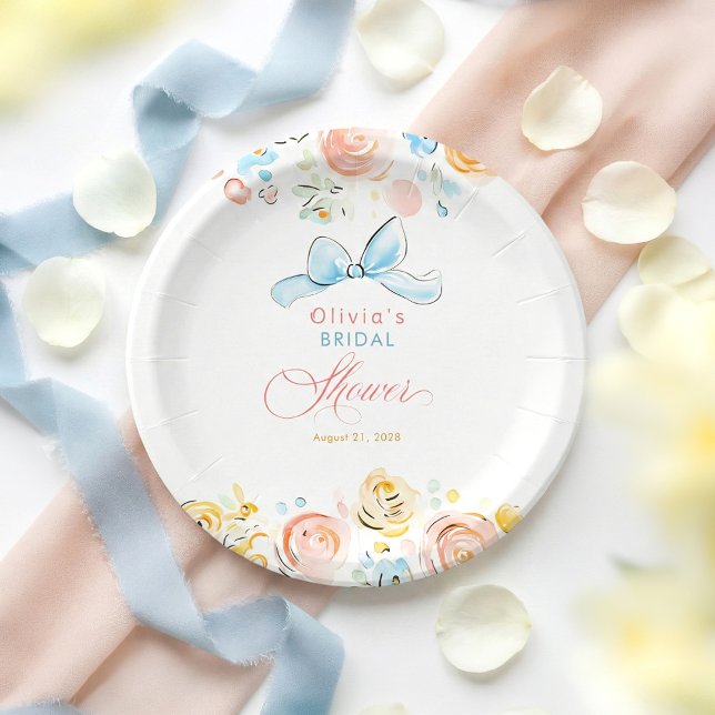 Whimsical Chic Elegant Hand Drawn Bridal Shower Paper Plate (Floral Whimsical Bow Paper Plates for Shower)