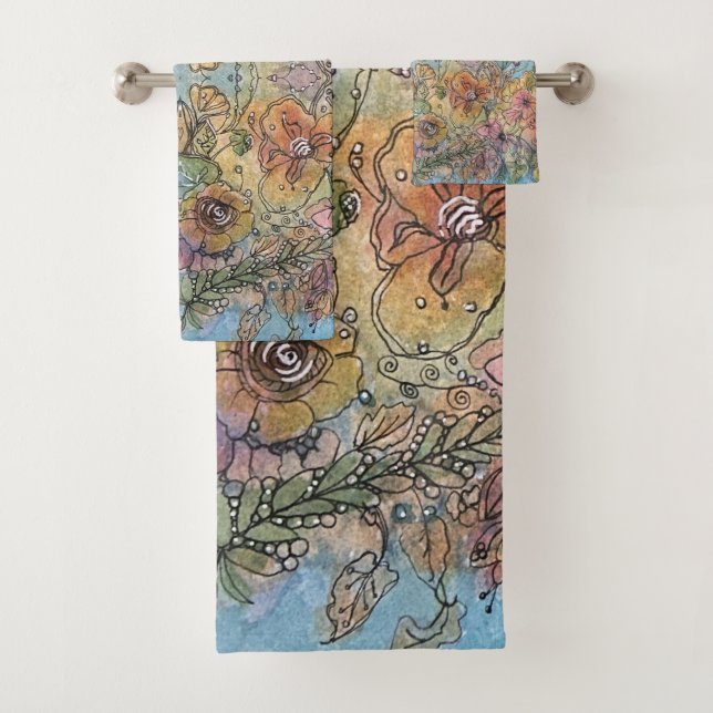 Whimsical Chic Flower Garden Watercolor Painting  Bath Towel Set (Insitu)