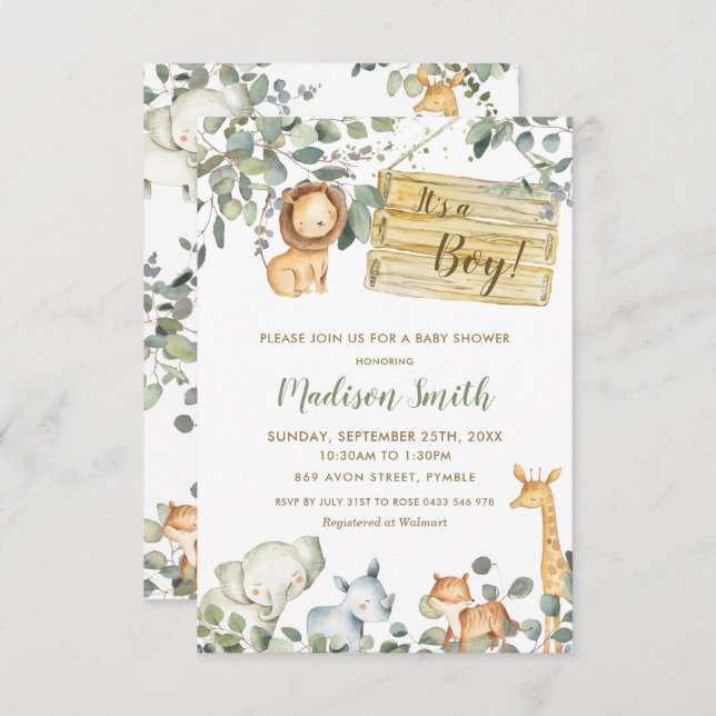 Whimsical Chic Greenery Jungle Animals Baby Shower Invitation (Front/Back)