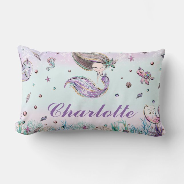 Whimsical Chic Mermaid Under the Sea Girl Bedroom Lumbar Cushion (Front)