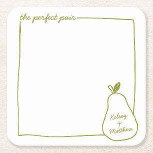 Whimsical & Chic Personalized Funny Pear Wedding  Square Paper Coaster