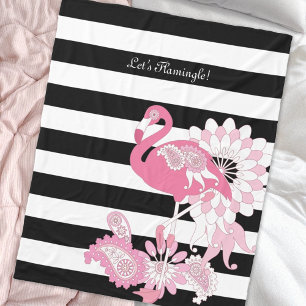 Whimsical Chic Pink Flamingo Black & White Striped Fleece Blanket