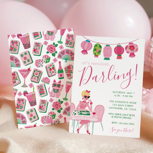 Whimsical Chic Pink & Green Mahjong Party Invitation (Creator Uploaded)