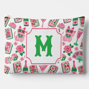 Whimsical Chic Pink & Green Mahjong Party Monogram Accessory Pouch