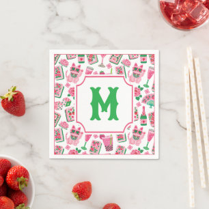 Whimsical Chic Pink & Green Mahjong Party Monogram Napkin