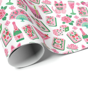 Whimsical Chic Pink & Green Mahjong Party Wrapping Paper