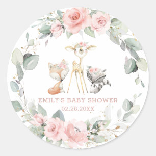 Whimsical Chic Woodland Animals Pink Floral Favour Classic Round Sticker