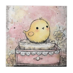 Whimsical Chick Floral Watercolor Art Ceramic Tile
