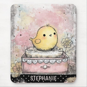 Whimsical Chick Floral Watercolor Art Mouse Pad