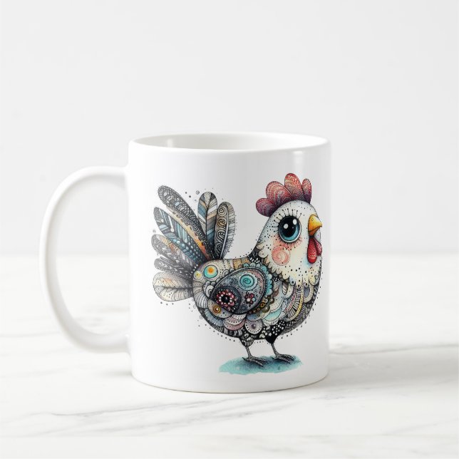 Whimsical Chicken or Rooster Folk Art Coffee Mug (Left)