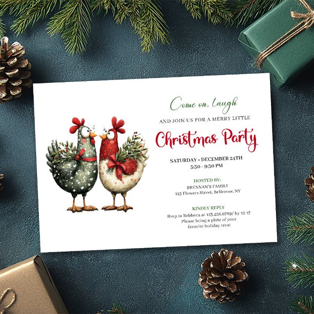 Whimsical Chickens Cartoon Christmas Party Invites (Whimsical Chickens Cartoon Christmas Party Invitation)