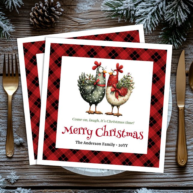 Whimsical chickens Christmas napkins editable name (Whimsical chickens Christmas napkins editable name)