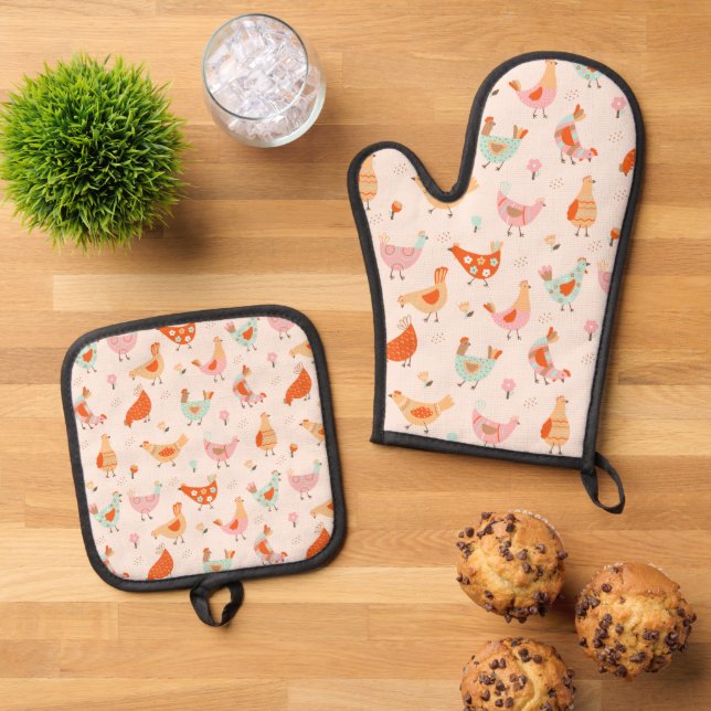 Whimsical Chickens Hens Colourful Bird Pattern Oven Mitt & Pot Holder Set (Top Down)
