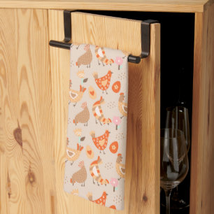 Whimsical Chickens Hens Farm Bird Pattern Tea Towel