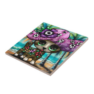 Whimsical Chihuahua Dog on Vacation Palm Trees Ceramic Tile