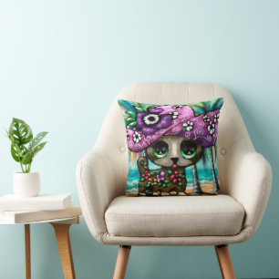 Whimsical Chihuahua Dog on Vacation Palm Trees Cushion