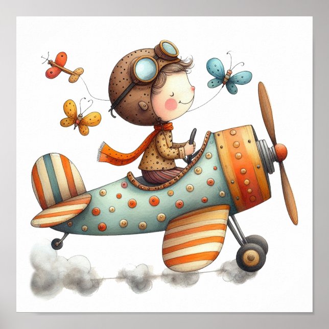 Whimsical Children's Art Child Flying Old Aeroplan Poster (Front)