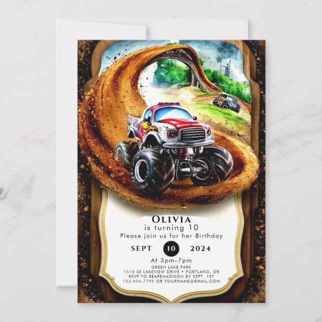 Whimsical Children's Monster Truck Birthday Invitation (Front)