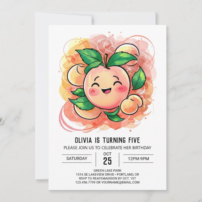 Whimsical Children's Peach Birthday Invitation (Front)
