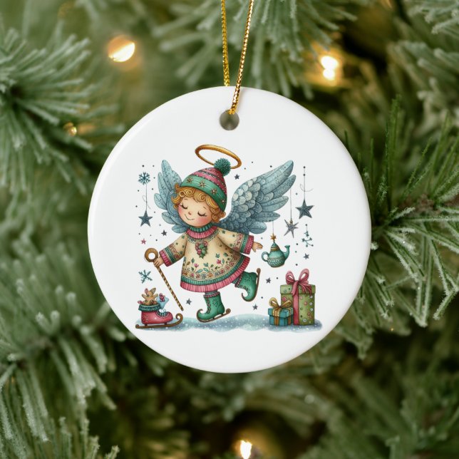 Whimsical Christmas Angel on Ice Skates Ceramic Ornament (Tree)