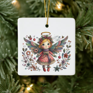 Whimsical Christmas Angel with Multi-colour Wings Ceramic Ornament